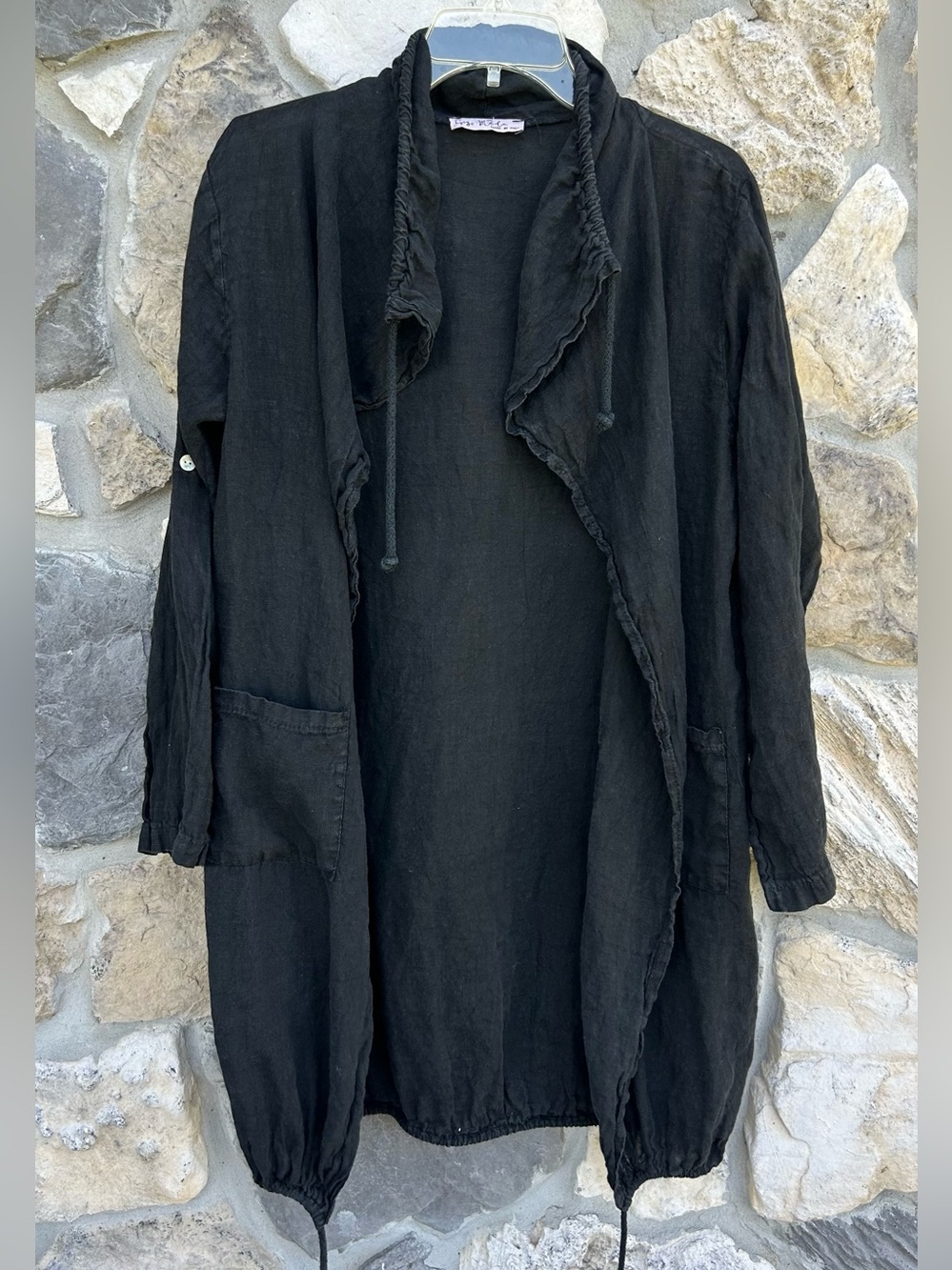 Gigi Moda 100% Linen Cardigan ONE SIZE Black Boho Lagenlook Lightweight Layering
